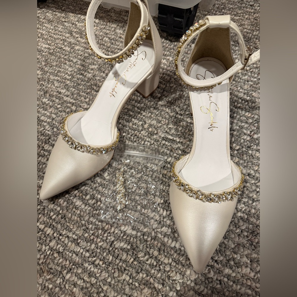 Ivory Point Toe Block Heels with Gold Ankle Strap
